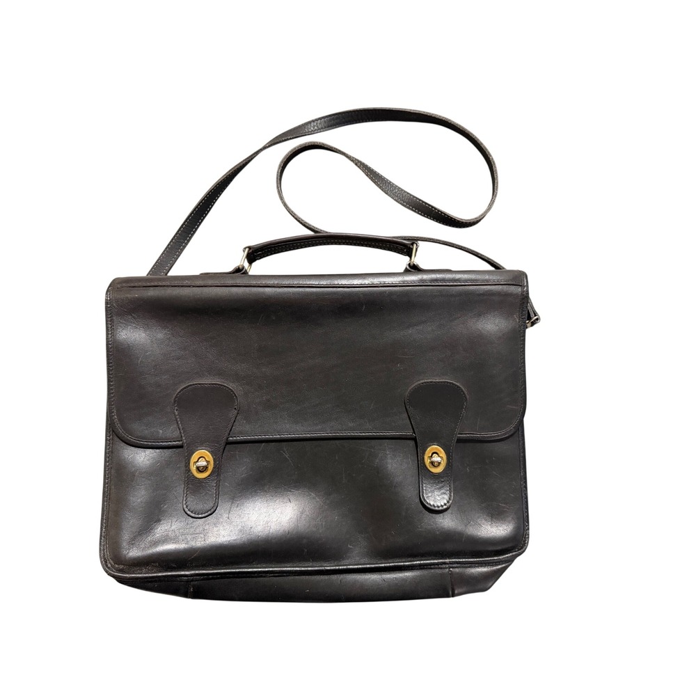 Vintage Leather Briefcase Messenger Bag Black Brass Turn lock Professional